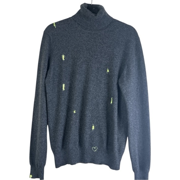 Uniqlo Fluorescent Yellow Scatter Stitch Grey Turtleneck Cashmere Sweater Small - Picture 1 of 15